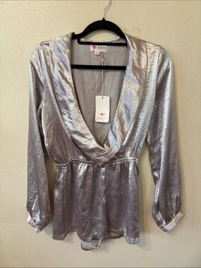 L'ATISTE Metallic Silver Wrap-Front Romper